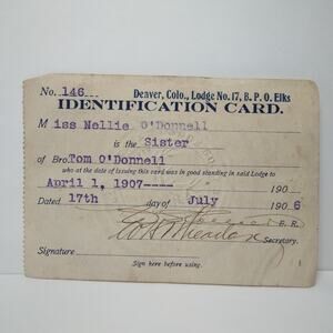 Antique 1906 Denver Co. Elks Lodge No.17 B.P.O. ID Membership Card - Ephemera